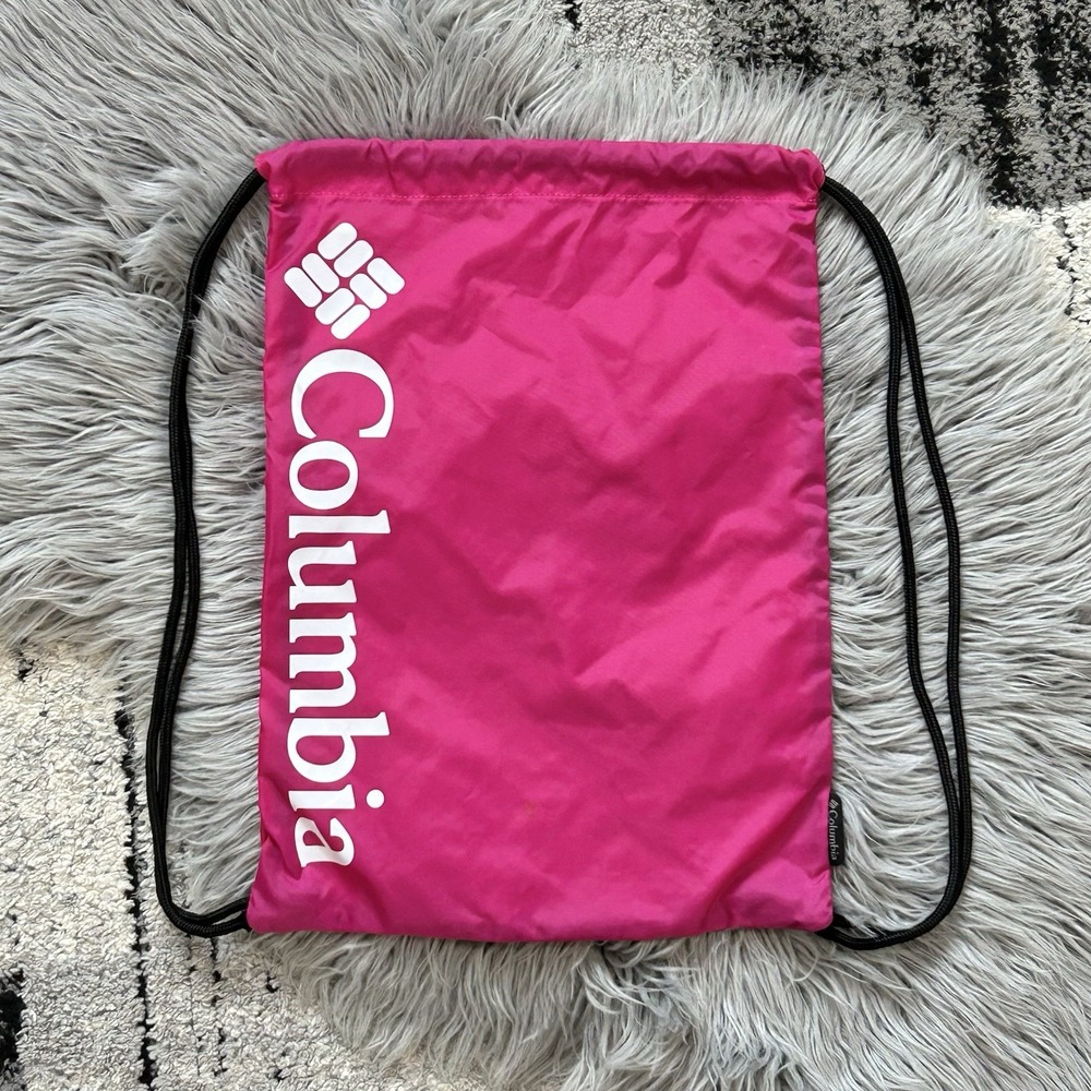 Columbia Drawstring Bag Bright Pink 11x17 White Lettering